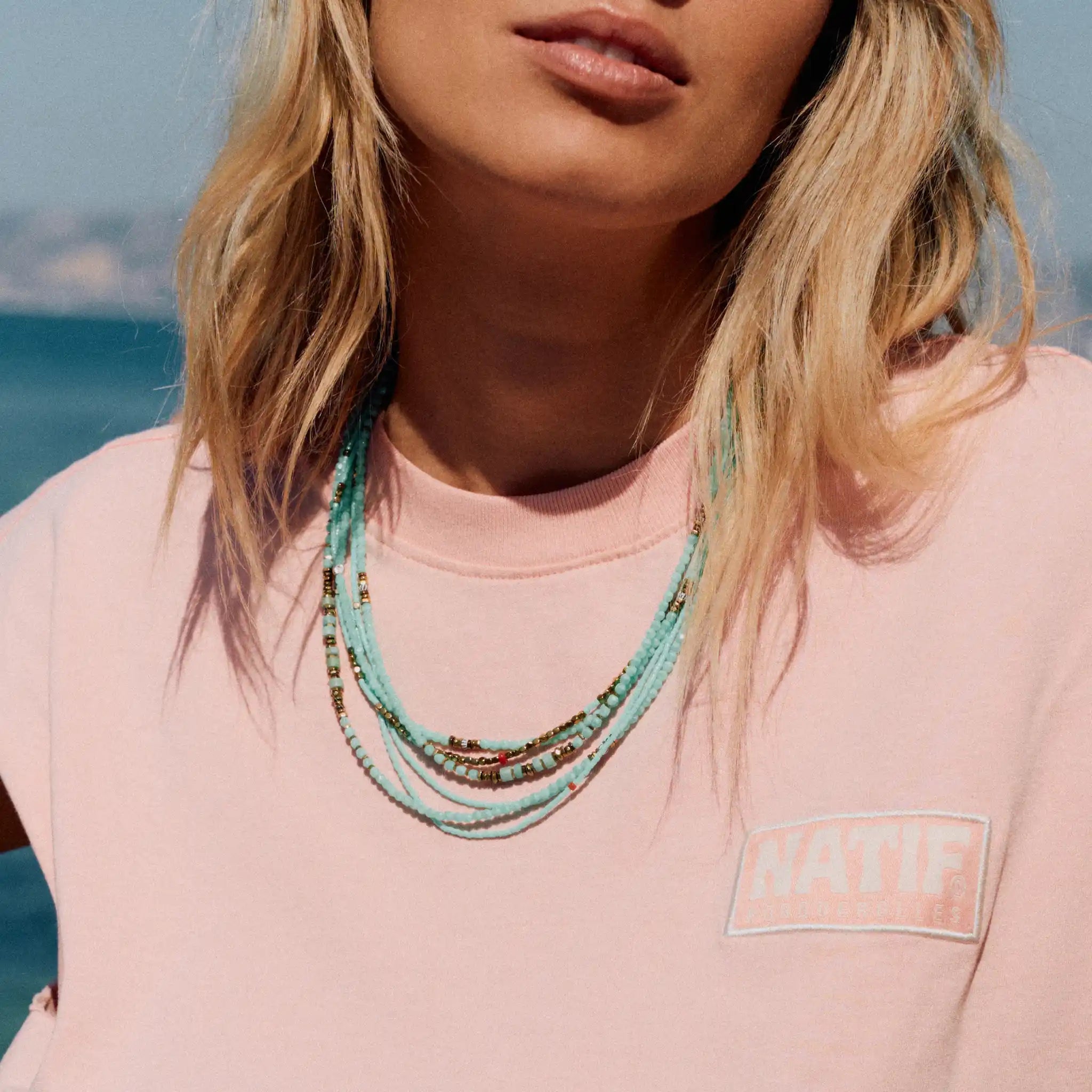 collier / bracelet BLONDIE 3 - Bleu Cyan - Têtes Blondes