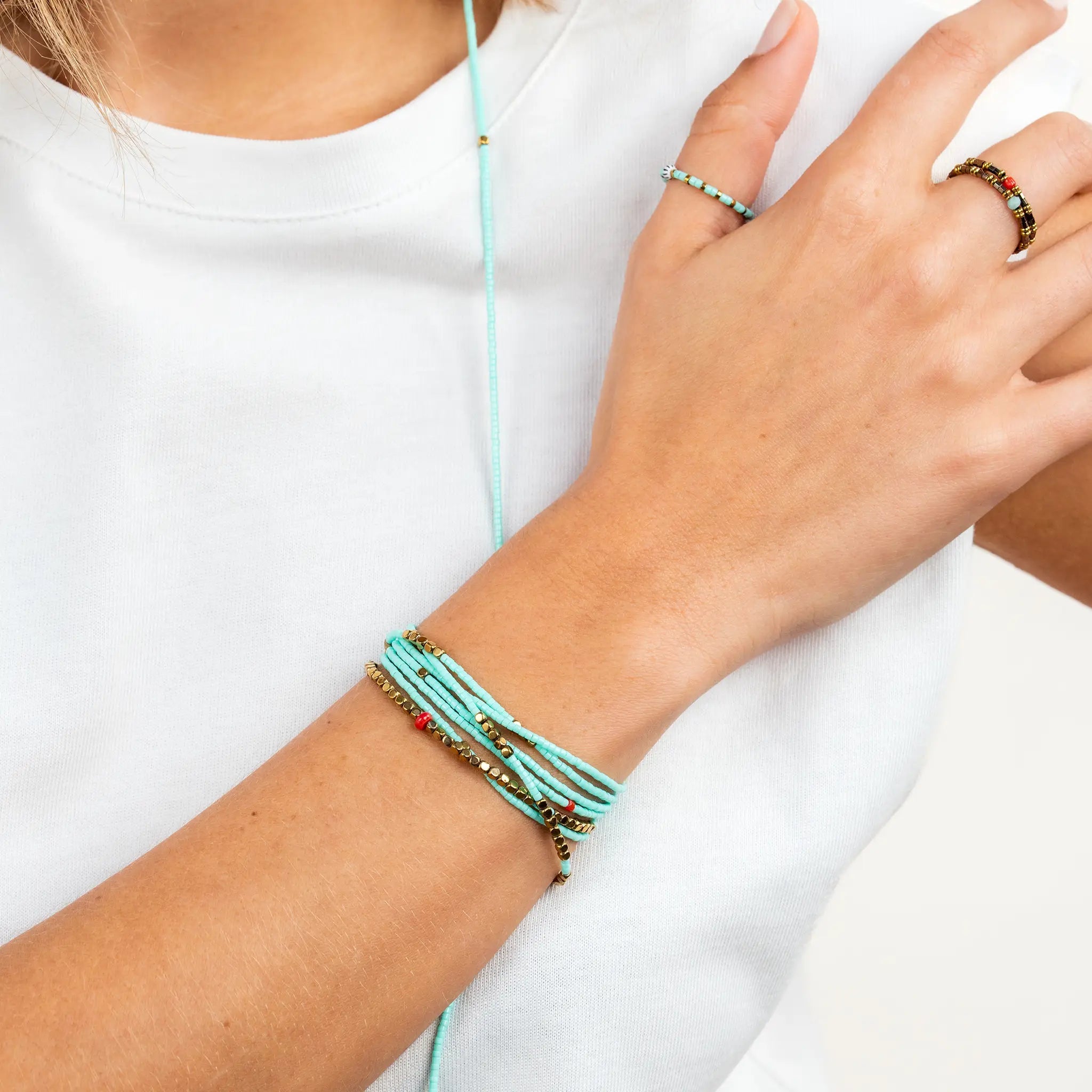 collier / bracelet Bague Heishi - Bleu Cyan - Têtes Blondes
