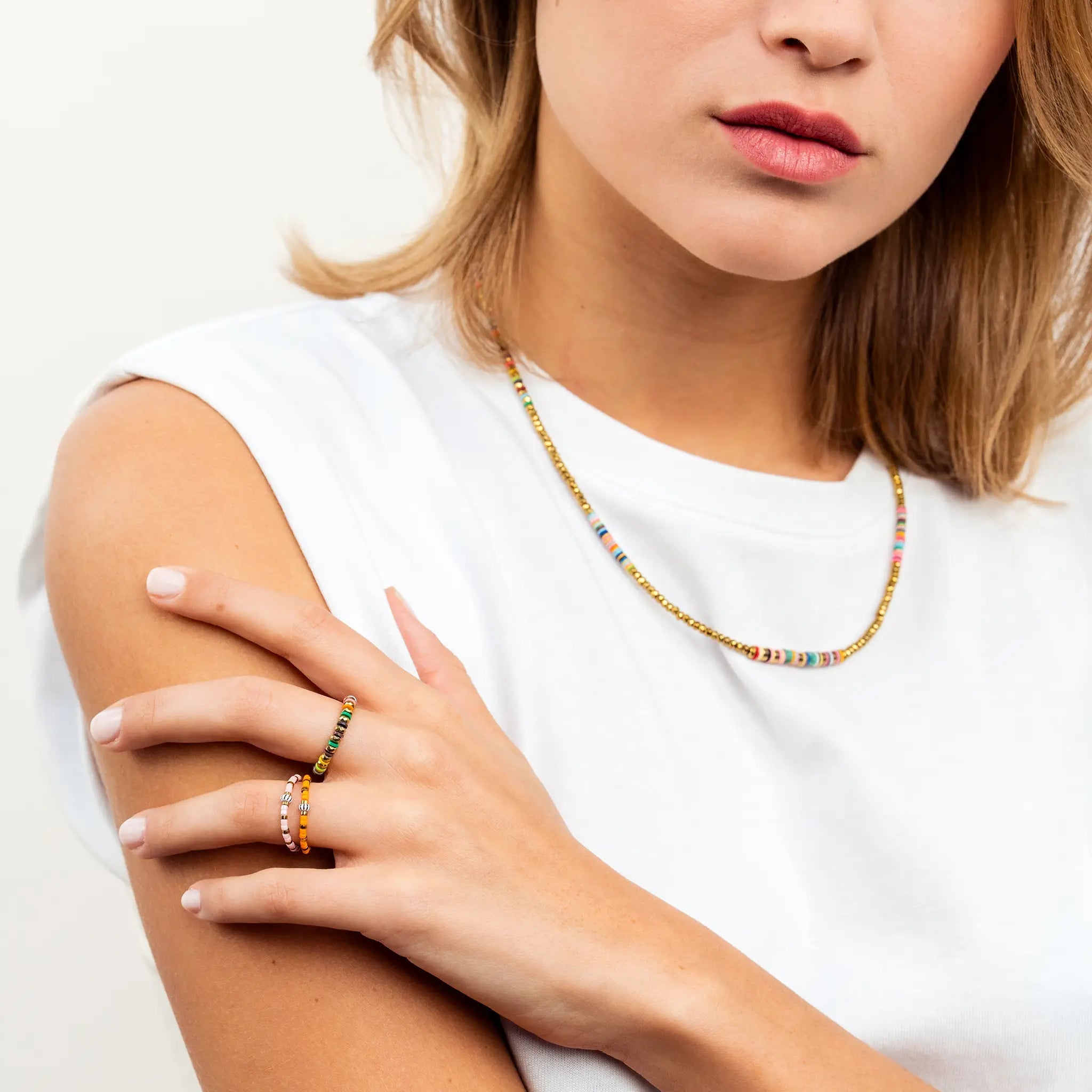 collier / bracelet Bague Heishi - Rose - Têtes Blondes