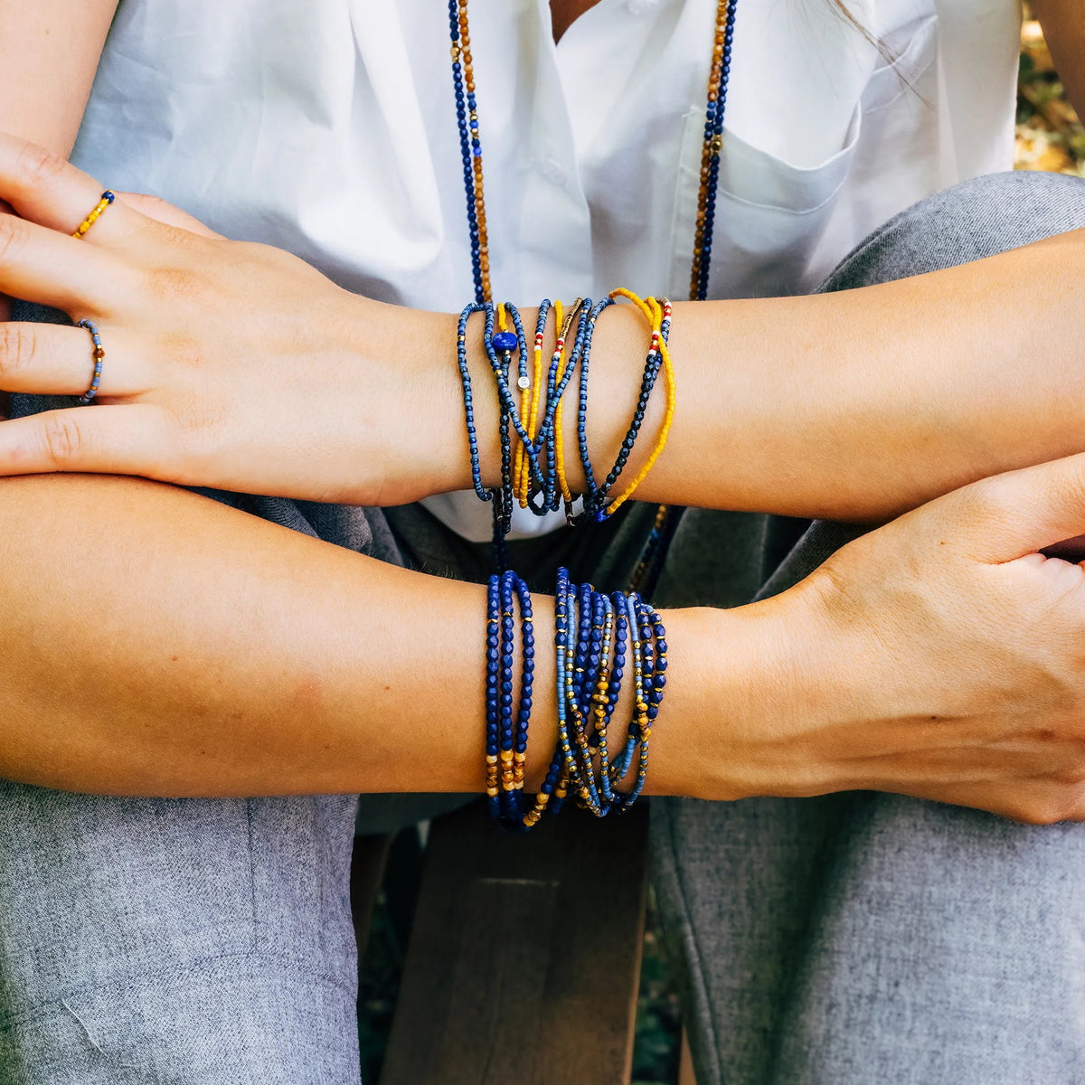 collier / bracelet FUSION - Bleu & Moutarde - Têtes Blondes