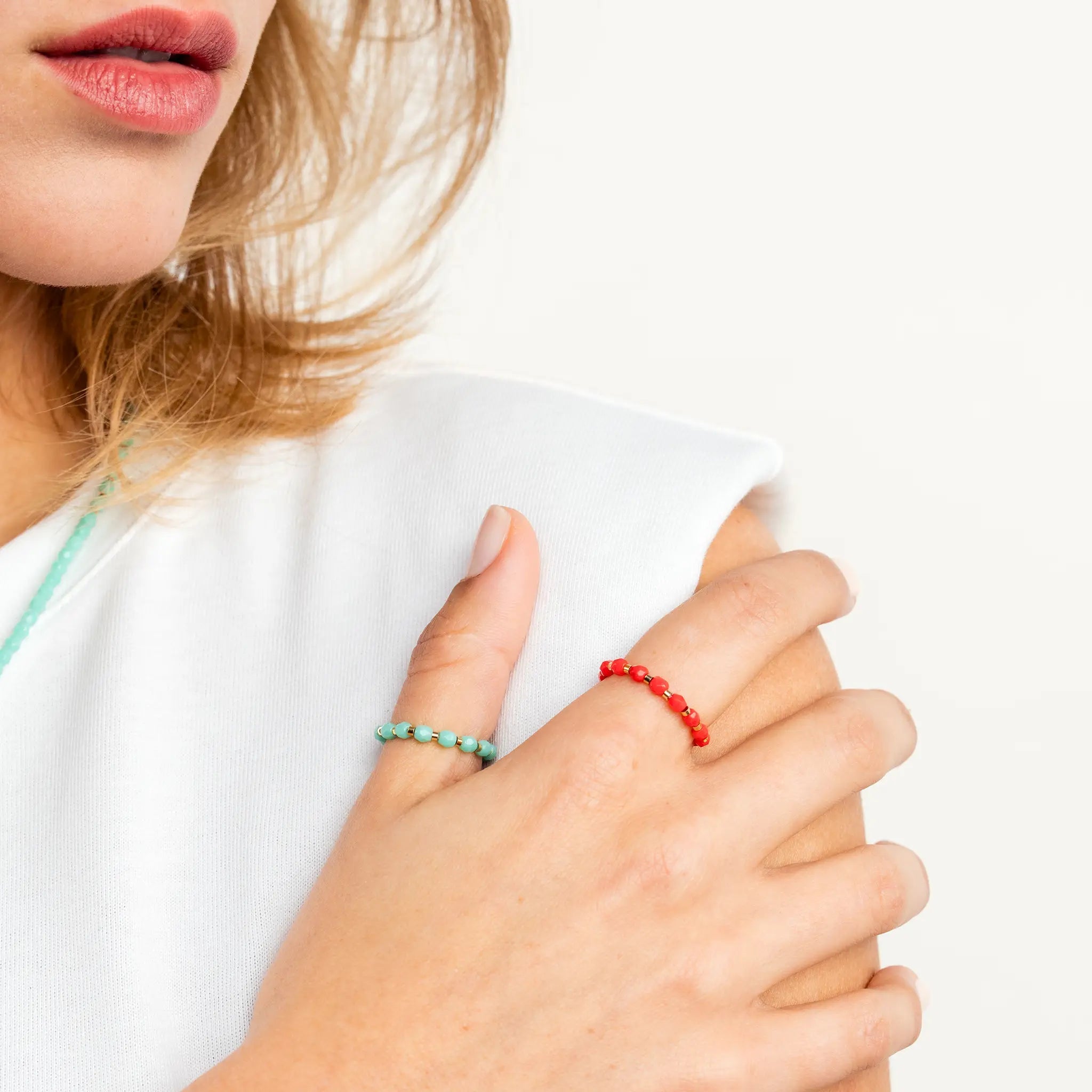 collier / bracelet LULLI - Bague Perles Turquoise - Têtes Blondes