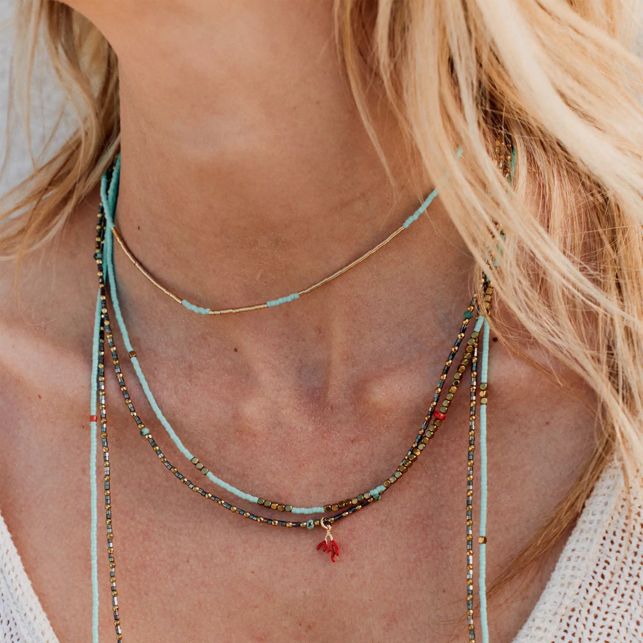 collier / bracelet LULLI - Ras de cou Turquoise - Têtes Blondes